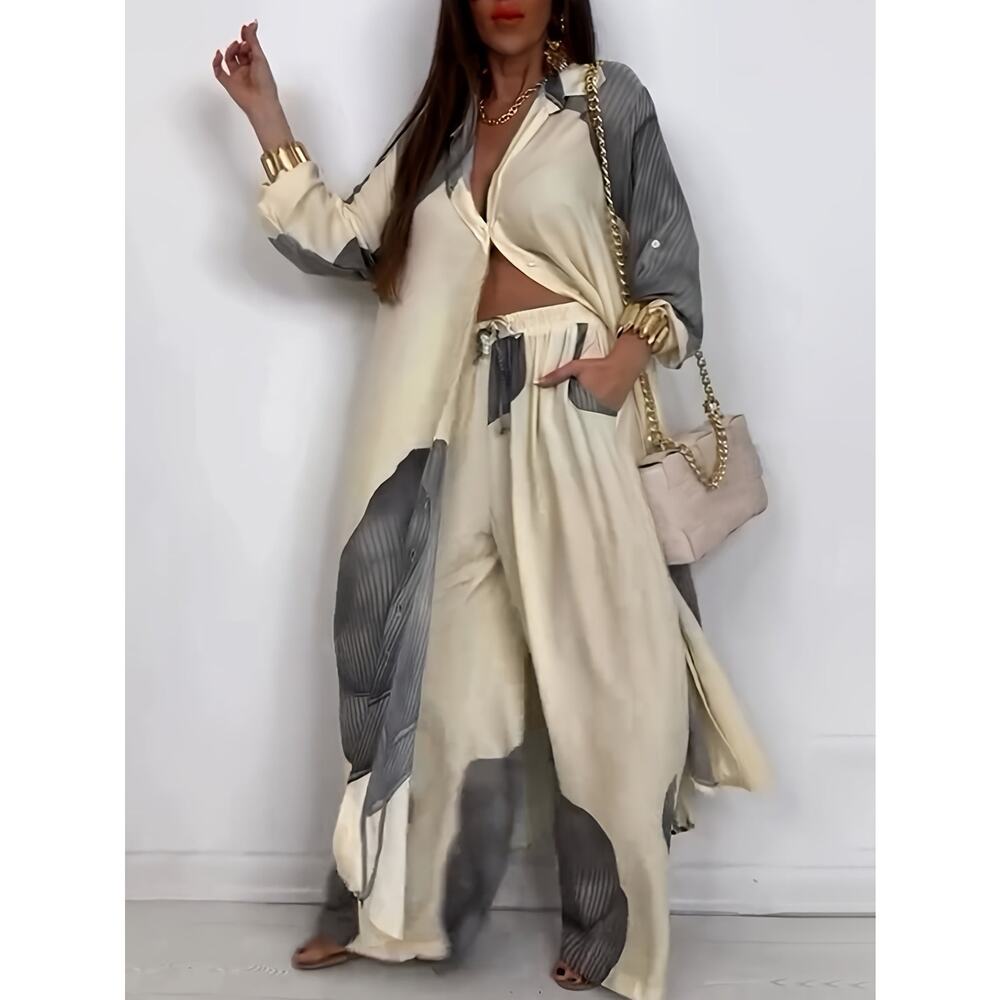 Ivory Gray Abstract Leaf Longline Shirt Wide-Leg Pants Set - Picture 8 of 8